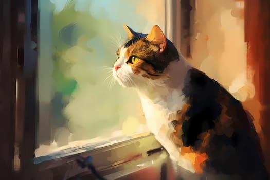 A curious calico cat is perched on a windowsill, intently watching a bird flit around outside with wide eyes and twitching whiskers. (generative AI)