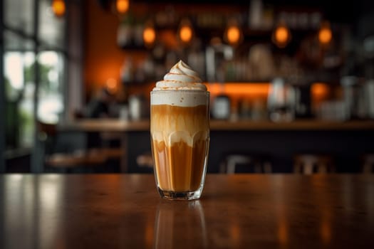 A caramel macchiato at a bustling coffee shop