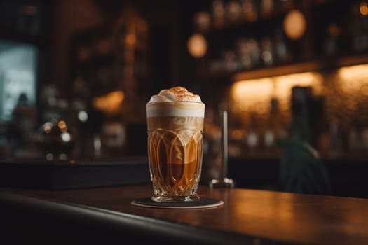 A caramel macchiato at a bustling coffee shop