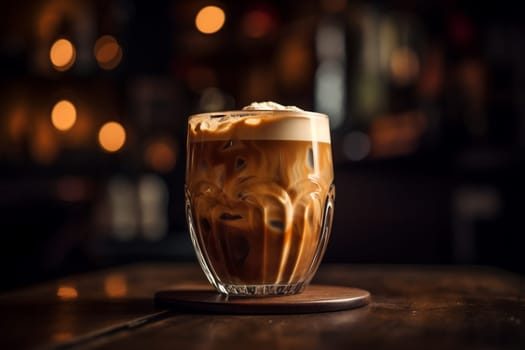 A caramel macchiato at a bustling coffee shop