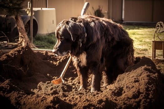 The big dog is excitedly digging a hole in the backyard, scattering dirt everywhere. (generative AI)