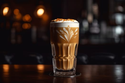 A caramel macchiato at a bustling coffee shop