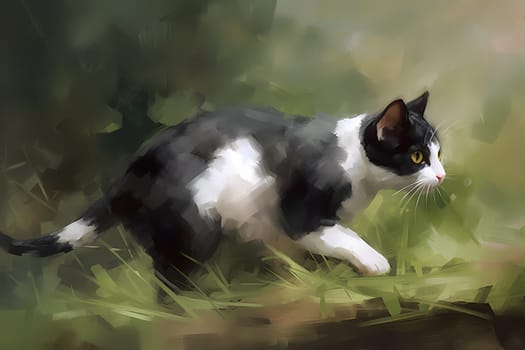 The playful cat is frisky and intent on catching the fuzzy toy mouse. (generative AI)