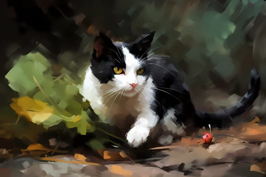 This playful black and white cat is having a blast chasing and batting around a toy mouse. (generative AI)