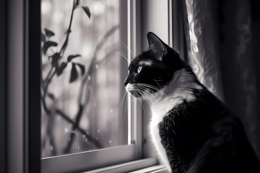 The cat sits silently, fixated on something outside the window. Occasionally a bird will catch its attention and its tail will start to twitch. (generative AI)