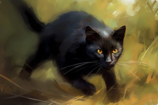 The black cat is sneaking up on a small mouse, ready to pounce at any moment. (generative AI)