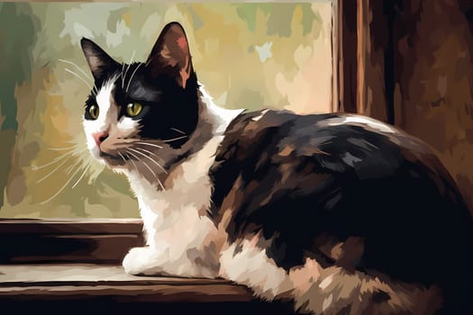 The cat sits silently, fixated on something outside the window. Occasionally a bird will catch its attention and its tail will start to twitch. (generative AI)