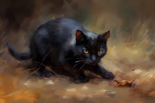 The black cat is sneaking up on a small mouse, ready to pounce at any moment. (generative AI)