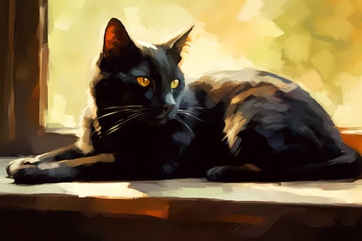 The sleek black cat is basking in the warm sunbeam, eyes closed and purring contentedly. (generative AI)