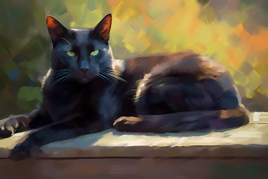 The sleek black cat is basking in the warm sunbeam, eyes closed and purring contentedly. (generative AI)