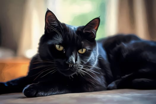 The sleek black cat is basking in the warm sunbeam, eyes closed and purring contentedly. (generative AI)