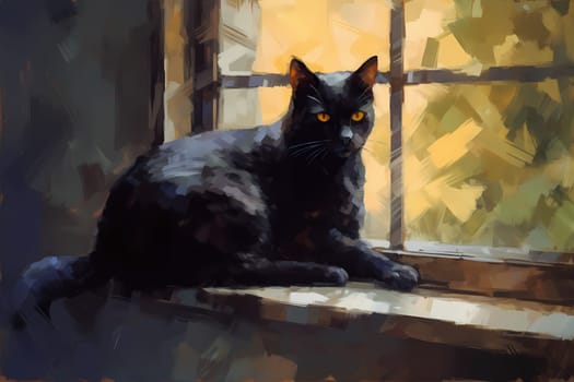 A sleek black cat is serenely sitting on a windowsill, gazing out into the world beyond. (generative AI)