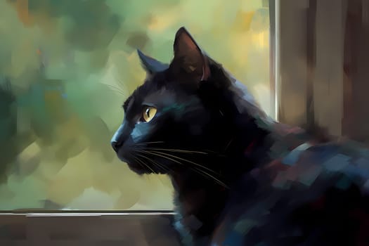 The curious cat is entranced by the world outside, watching birds and leaves blowing in the wind. (generative AI)