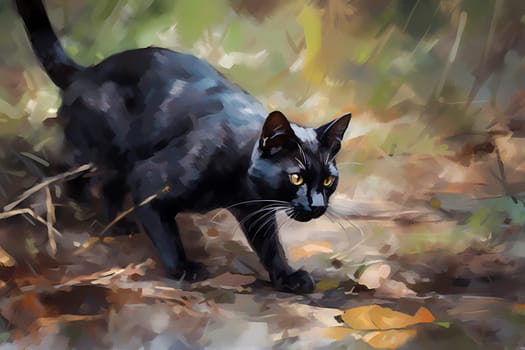 The black cat is sneaking up on a small mouse, ready to pounce at any moment. (generative AI)