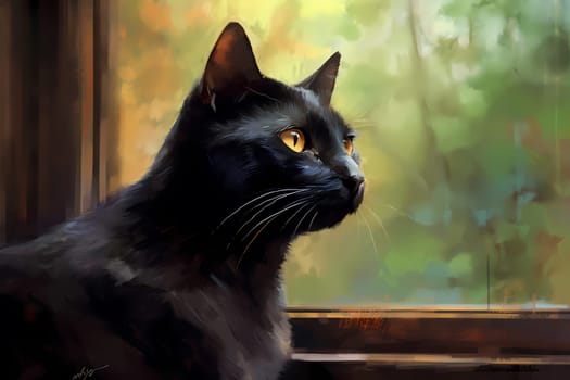 The curious cat is entranced by the world outside, watching birds and leaves blowing in the wind. (generative AI)