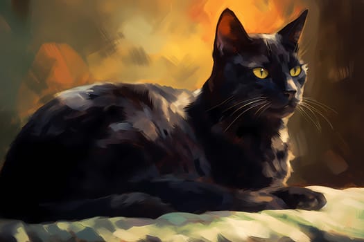 The sleek black cat is basking in the warm sunbeam, eyes closed and purring contentedly. (generative AI)