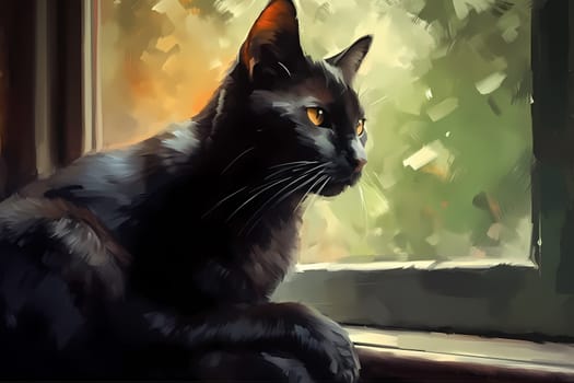 A sleek black cat is serenely sitting on a windowsill, gazing out into the world beyond. (generative AI)
