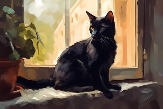 A sleek black cat is serenely sitting on a windowsill, gazing out into the world beyond. (generative AI)