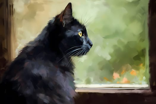 The curious cat is entranced by the world outside, watching birds and leaves blowing in the wind. (generative AI)