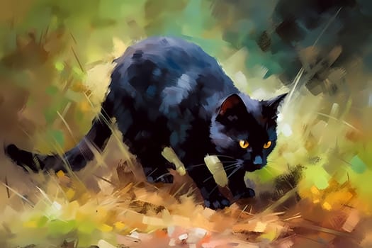 The black cat is sneaking up on a small mouse, ready to pounce at any moment. (generative AI)