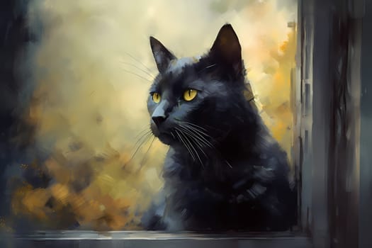 The black cat sits in deep thought, mesmerized by the world outside the window. (generative AI)