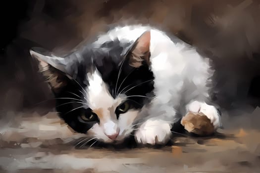 A black and white cat is energetically pouncing and chasing a small toy mouse, flipping it up in the air and proudly showing it off. (generative AI)