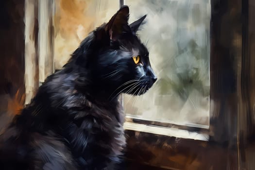 The black cat sits in deep thought, mesmerized by the world outside the window. (generative AI)