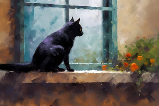 This sleek black cat is quite intrigued by the chirping birds outside the window, watching them with curious fascination. (generative AI)