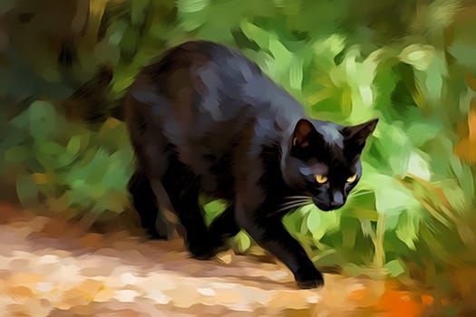Sleek, black cat creeping stealthily towards a mouse, ready to pounce. (generative AI)