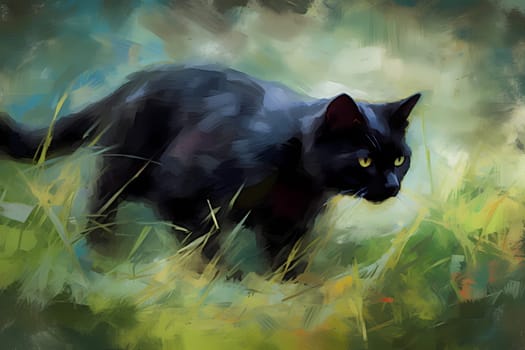 Sleek, black cat creeping stealthily towards a mouse, ready to pounce. (generative AI)