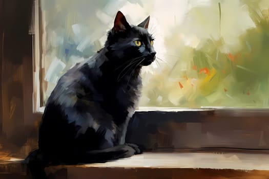 The black cat sits in deep thought, mesmerized by the world outside the window. (generative AI)