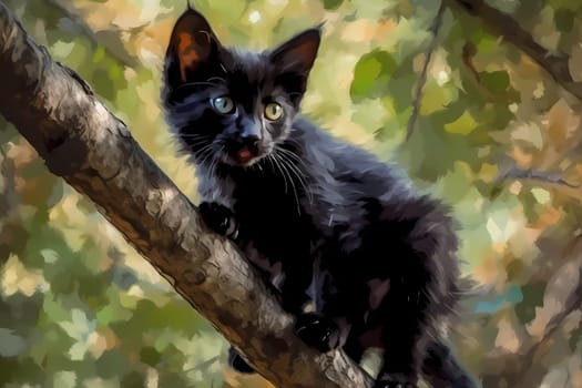 The adventurous kitten is fearless as he scales the tall tree, still small enough to fit between the branches. (generative AI)