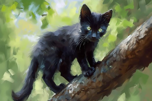 The adventurous kitten is fearless as he scales the tall tree, still small enough to fit between the branches. (generative AI)