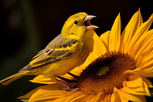 A brilliant yellow canary sings a happy tune atop a blooming sunflower (generative AI)