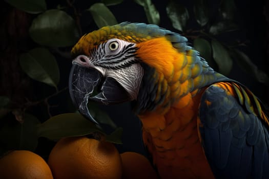 A colorful parrot sits atop a tree branch, pecking at a ripe mango (generative AI)
