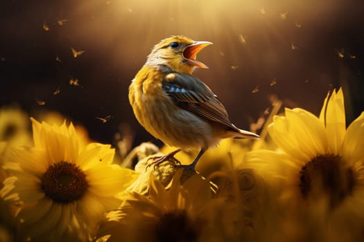 A brilliant yellow canary sings a happy tune atop a blooming sunflower (generative AI)