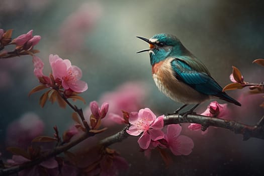 A colorful songbird sings sweetly while perched on a blooming cherry blossom branch in a serene garden (generative AI)