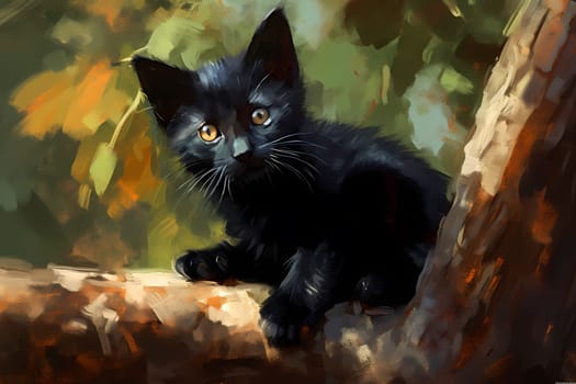 The adventurous kitten is fearless as he scales the tall tree, still small enough to fit between the branches. (generative AI)