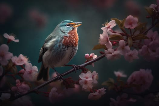 A colorful songbird sings sweetly while perched on a blooming cherry blossom branch in a serene garden (generative AI)
