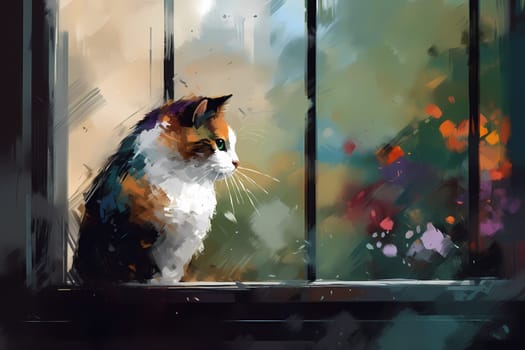A curious calico cat is perched on a windowsill, intently watching a bird flit around outside with wide eyes and twitching whiskers. (generative AI)
