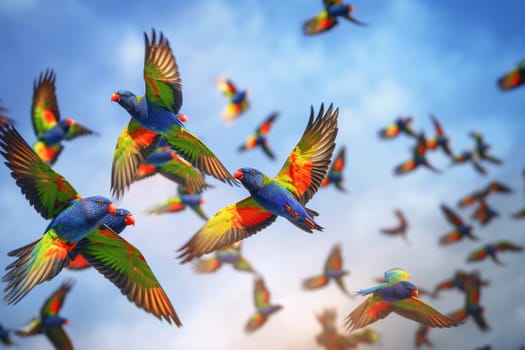 A group of Rainbow Lorikeets with bright plumage soaring above the crystal clear waters of the Great Barrier Reef (generative AI)