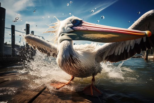 A comical pelican clumsily diving for fish in a harbor (generative AI)