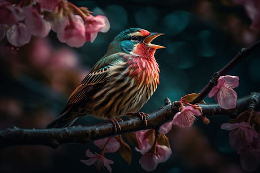A colorful songbird sings sweetly while perched on a blooming cherry blossom branch in a serene garden (generative AI)