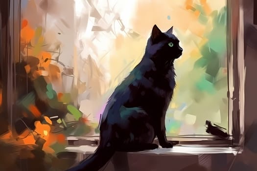This sleek black cat is quite intrigued by the chirping birds outside the window, watching them with curious fascination. (generative AI)