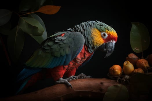 A colorful parrot sits atop a tree branch, pecking at a ripe mango (generative AI)