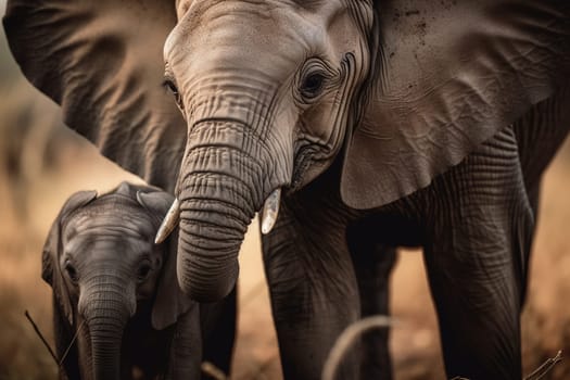 A baby elephant is exploring the African savannah while its mother watches over protectively (generative AI)