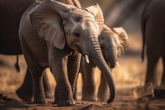 A baby elephant is exploring the African savannah while its mother watches over protectively (generative AI)