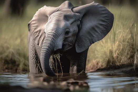 A curious baby elephant explores its surroundings, visiting a watering hole in the grassy savannah (generative AI)