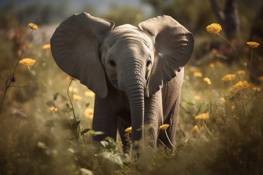 A curious baby elephant stops to smell some flowers on the African savannah (generative AI)