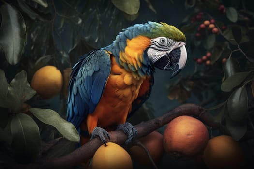 A colorful parrot sits atop a tree branch, pecking at a ripe mango (generative AI)